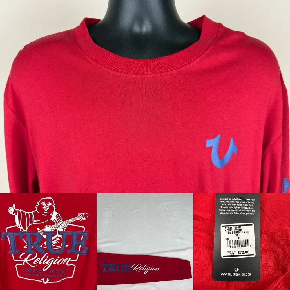 True Religion Mens True Buddha LS Tee‎ Red Long Sleeve Graphic Shirt XL New $72